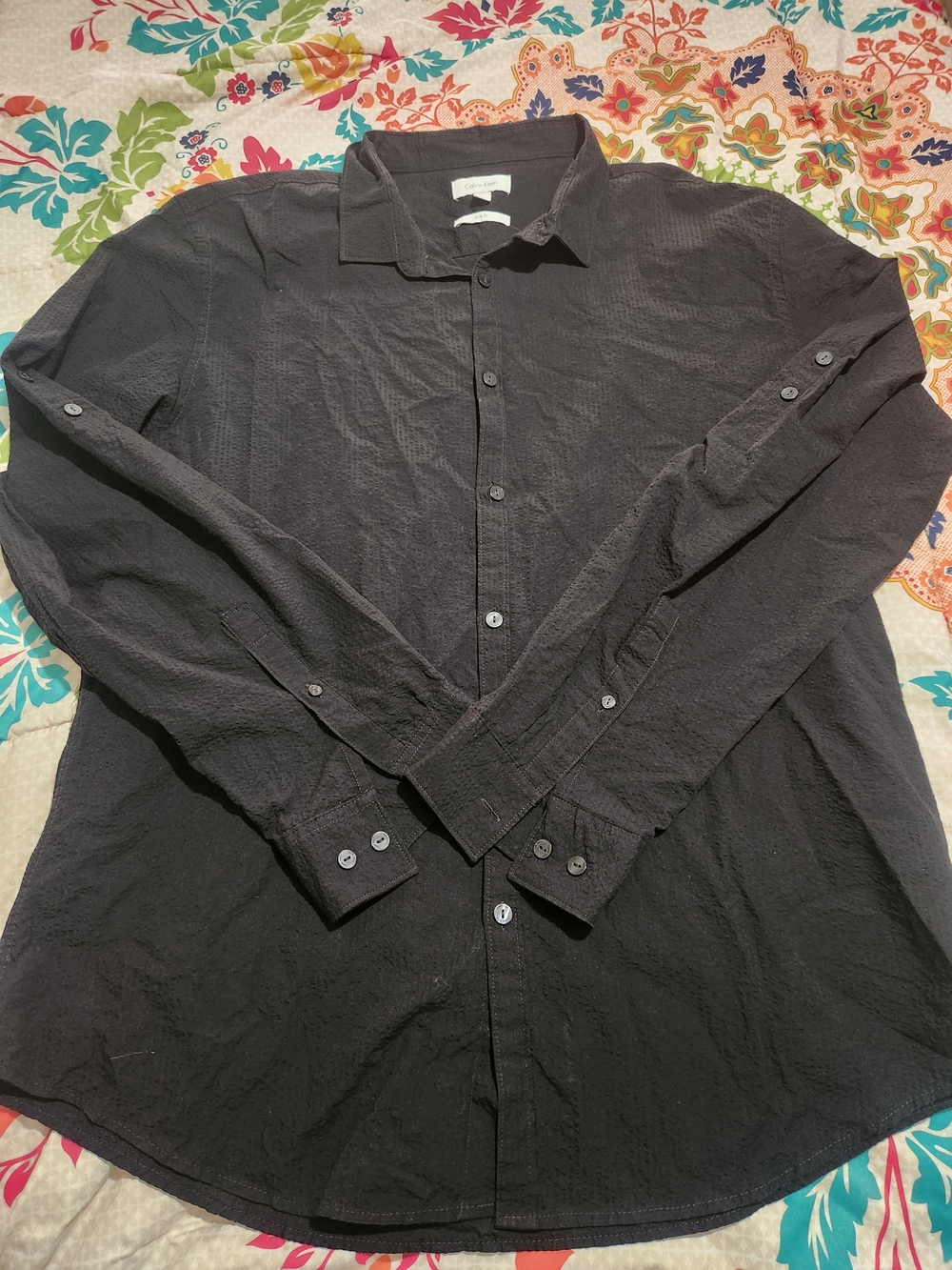 Calvin Klein Slim Fit Long-Sleeve Textured Button-Up Shirt - Black